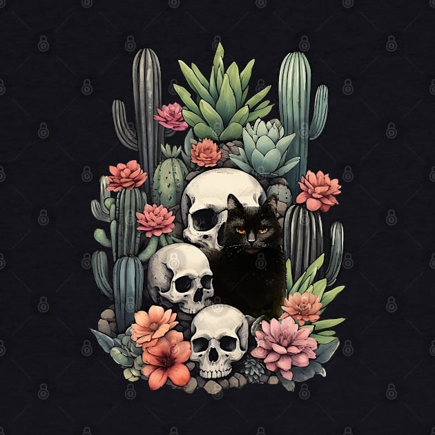 Black cat with skull, skeleton with succulent plant, cat lover, succulent plant lover by Collagedream